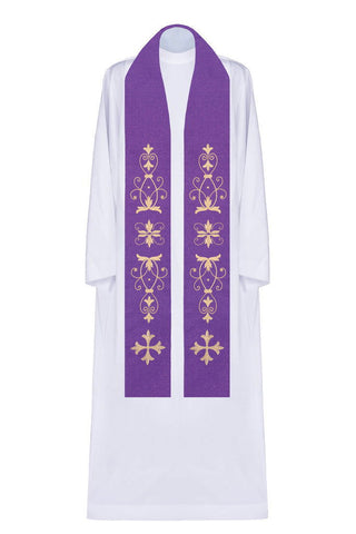 Purple stole with embroidered cross and floral motif - LITURGICAL SHOP