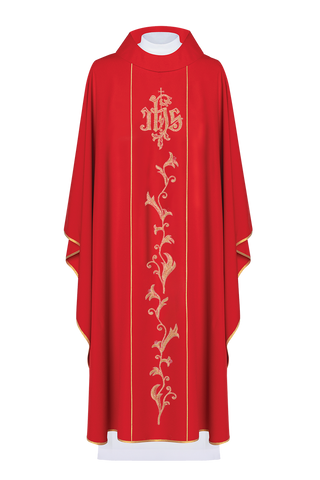 Red IHS embroidered chasuble with ornaments - LITURGICAL SHOP