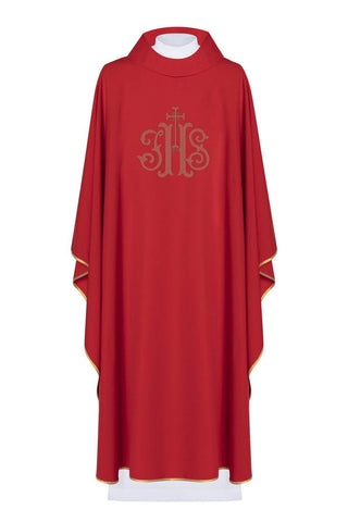 Red IHS embroidered liturgical chasuble with wide collar - LITURGICAL SHOP