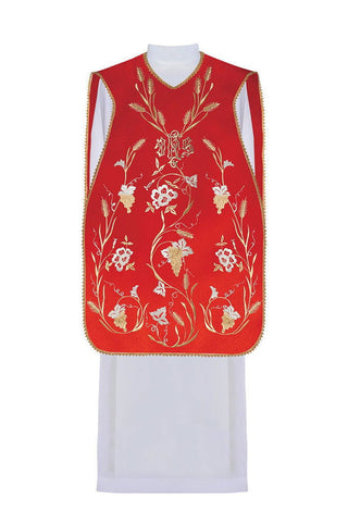 Red Roman chasuble with motif of IHS, ears and grapes - LITURGICAL SHOP