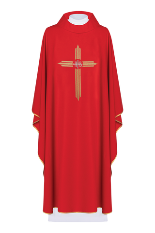 Red chasuble embroidered with IHS Cross - LITURGICAL SHOP