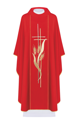 Red chasuble embroidered with cross and ear motifs - LITURGICAL SHOP