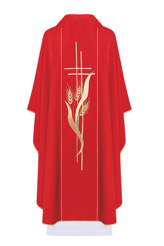 Red chasuble embroidered with cross and ear motifs - LITURGICAL SHOP