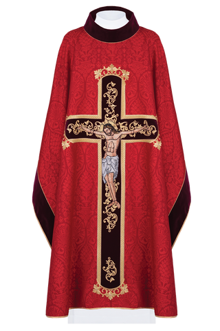 Red chasuble embroidered with pattern of Jesus Christ - LITURGICAL SHOP