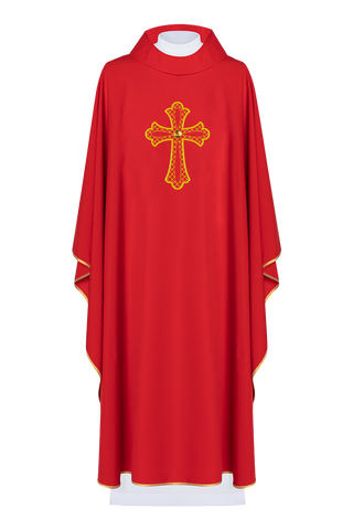 Red chasuble embroidered with the symbol of the cross - LITURGICAL SHOP