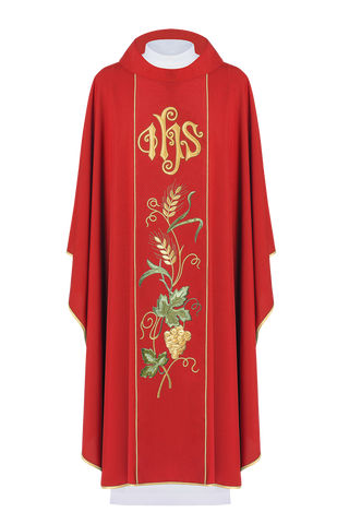 Red chasuble on belt with IHS embroidery, ears and grapes - LITURGICAL SHOP