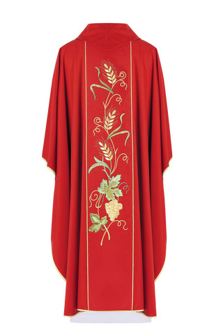 Red chasuble on belt with IHS embroidery, ears and grapes - LITURGICAL SHOP