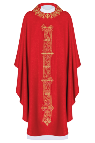 Red chasuble richly embroidered glossy - LITURGICAL SHOP