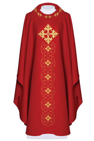 Red chasuble richly embroidered with string and stones - LITURGICAL SHOP