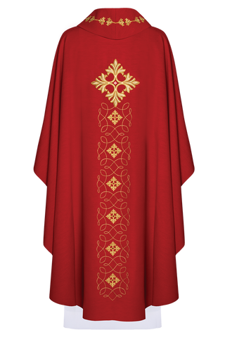 Red chasuble richly embroidered with string and stones - LITURGICAL SHOP