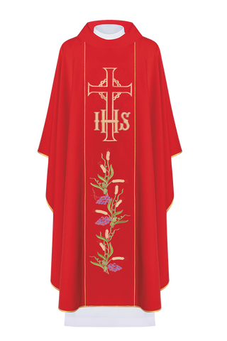 Red chasuble with decorated gold belt with IHS and ears - LITURGICAL SHOP