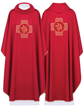 Red chasuble with embroidery with symbol of cross and ears with grapes - LITURGICAL SHOP