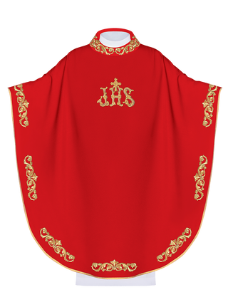 Red chasuble with gold IHS embroidery and decorative trim - LITURGICAL SHOP