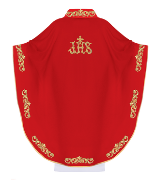 Red chasuble with gold IHS embroidery and decorative trim - LITURGICAL SHOP