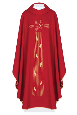 Red chasuble with gold trim and Holy Spirit embroidery - LITURGICAL SHOP