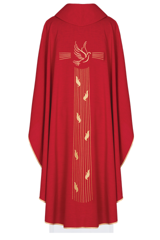 Red chasuble with gold trim and Holy Spirit embroidery - LITURGICAL SHOP