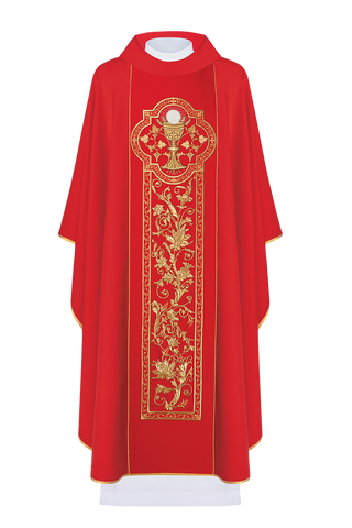 Red chasuble with richly decorated wide belt with eucharistic chalice motif - LITURGICAL SHOP