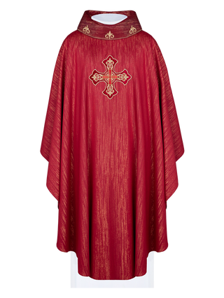 Red chasuble with richly embroidered cross and decorated collar - LITURGICAL SHOP