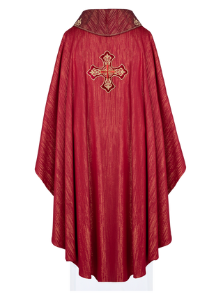 Red chasuble with richly embroidered cross and decorated collar - LITURGICAL SHOP