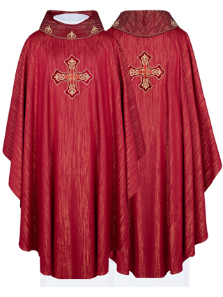 Red chasuble with richly embroidered cross and decorated collar - LITURGICAL SHOP