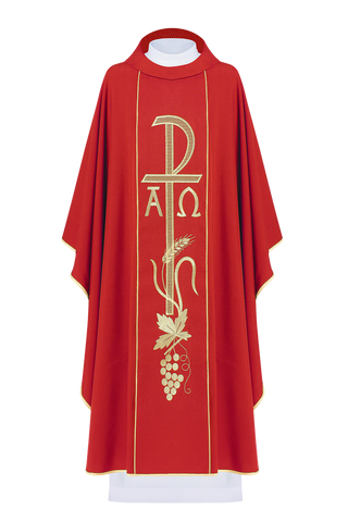 Red chasuble with wide embroidered gold Alpha and Omega belt - LITURGICAL SHOP