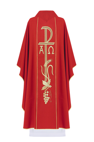 Red chasuble with wide embroidered gold Alpha and Omega belt - LITURGICAL SHOP