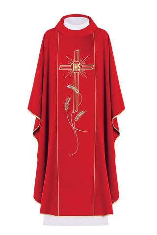 Red chasuble with wide gold embroidered stripe IHS cross - LITURGICAL SHOP