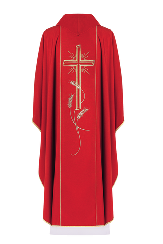 Red chasuble with wide gold embroidered stripe IHS cross - LITURGICAL SHOP