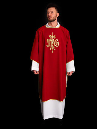 Red dalmatic with embroidered IHS design - LITURGICAL SHOP