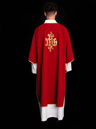 Red dalmatic with embroidered IHS design - LITURGICAL SHOP