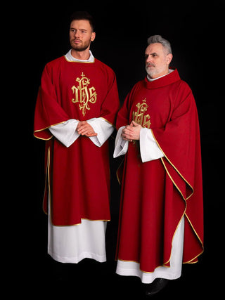 Red dalmatic with embroidered IHS design - LITURGICAL SHOP