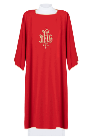 Red dalmatic with embroidered IHS design - LITURGICAL SHOP