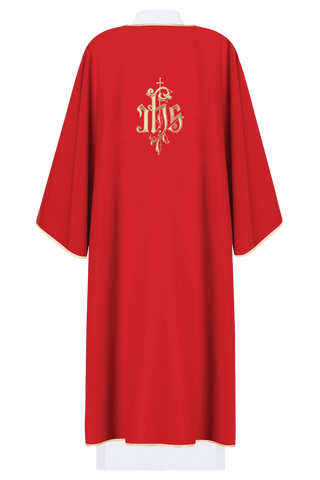 Red dalmatic with embroidered IHS design - LITURGICAL SHOP