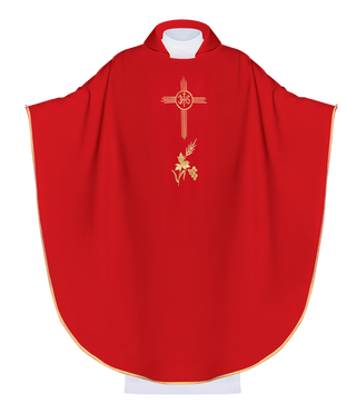 Red embroidered chasuble with wide collar and IHS motif - LITURGICAL SHOP