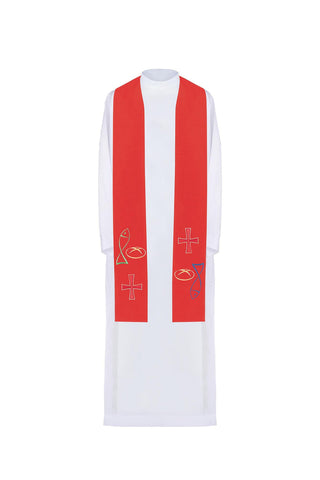 Red embroidered priest's stole with motif Fish Bread Cross - LITURGICAL SHOP