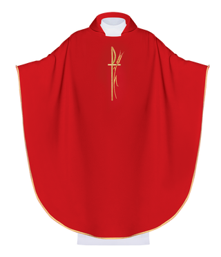 Red liturgical chasuble with wide collar and delicately embroidered cross - LITURGICAL SHOP