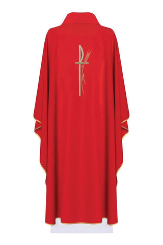 Red liturgical chasuble with wide collar and delicately embroidered cross - LITURGICAL SHOP