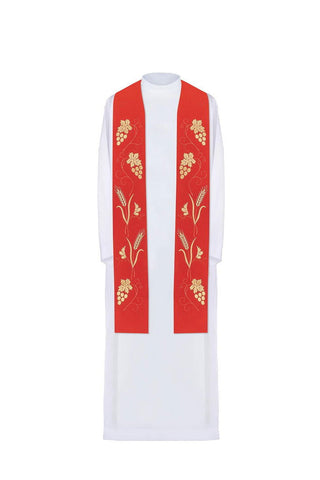 Red priest's stole with rich embroidery of grapes and ears - LITURGICAL SHOP