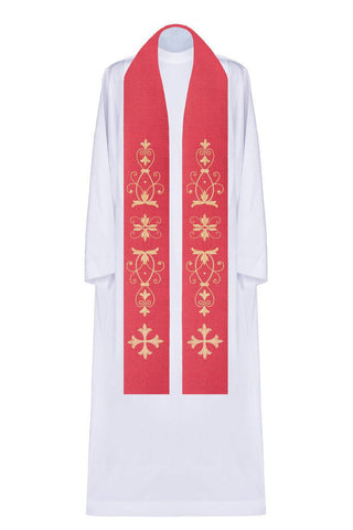 Red stole with embroidered cross and floral motif - LITURGICAL SHOP