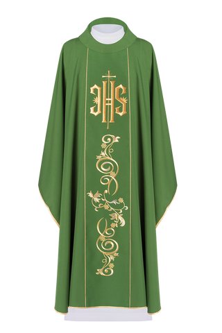 Richly decorated green chasuble with gold motif and wide IHS stripe - LITURGICAL SHOP