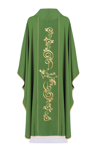 Richly decorated green chasuble with gold motif and wide IHS stripe - LITURGICAL SHOP