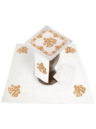 Richly decorated linen chalice set IHS - LITURGICAL SHOP