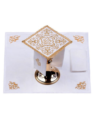 Richly decorated linen cup set with cross and JHS embroidery - LITURGICAL SHOP