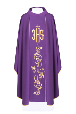 Richly decorated purple chasuble with gold motif and wide IHS band - LITURGICAL SHOP