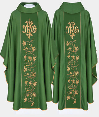 Zielony ornat liturgiczny z bogato zdobionym pasem motywem florystycznym i IHS - LITURGICAL SHOP