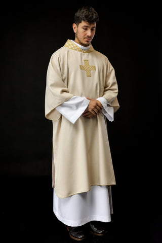 Ecru liturgical dalmatic with embroidered gold crosses and collar