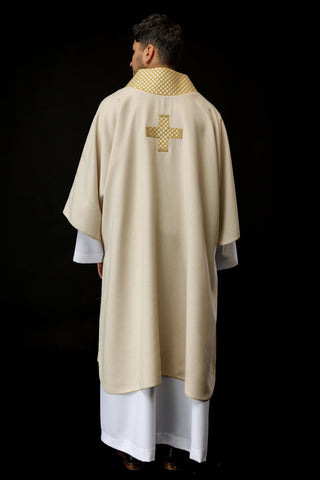 Ecru liturgical dalmatic with embroidered gold crosses and collar