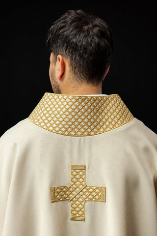 Ecru liturgical dalmatic with embroidered gold crosses and collar