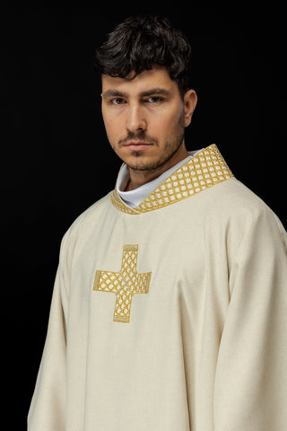 Ecru liturgical dalmatic with embroidered gold crosses and collar