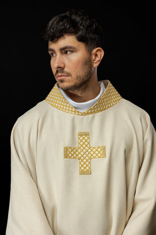 Ecru liturgical dalmatic with embroidered gold crosses and collar